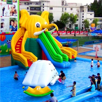 Moveable elephant water slide with pool