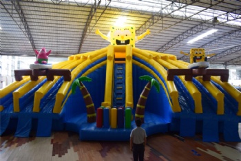  Portable aqua park equipment water slide with pool inflatable Spongebob pool slide park	