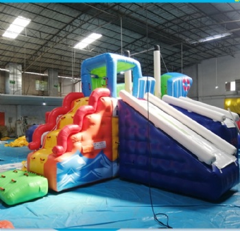  Kids fun large tower fitness inflatable warship slide floating water toy	